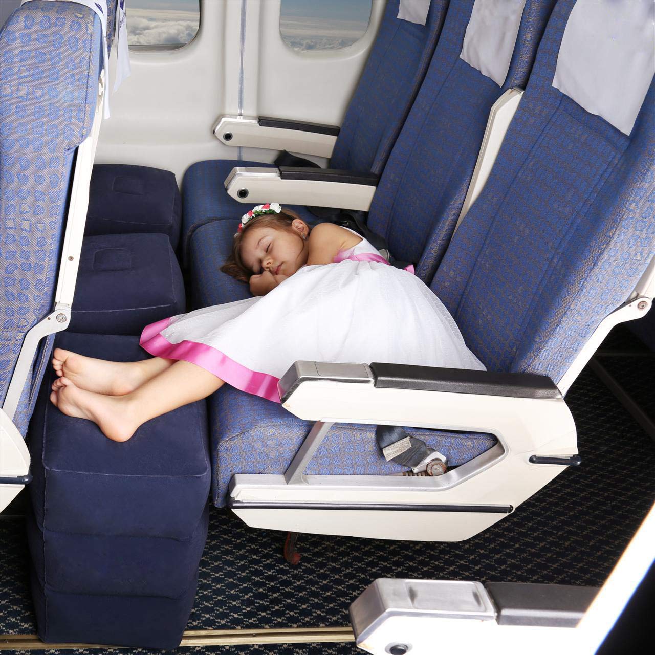 Inflatable Travel Foot Rest Pillow, Adjustable Height Leg Rest Pillow for Cars, Home, Office, Trains, Airplane, Make a Flat Bed for Baby, Kids, Toddlers, with 2in1 Storage Bag (1 Pack)