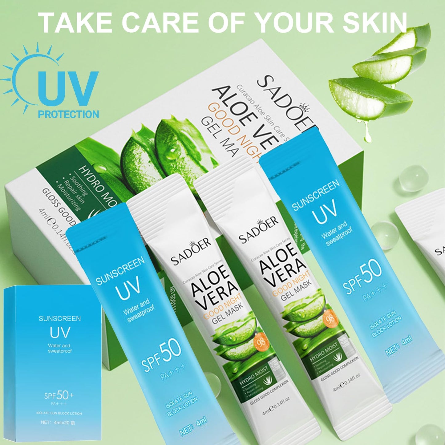 20PCS Mini Sunscreen & 20PCS Mini Aloe Vera Gel - Travel Size Bulk Sunscreen & Aloe Vera Gel (4ml Each), Lightweight & Non-Greasy & Hydrating, Perfect for Outdoor Party, Thank You Gifts, Daily Use