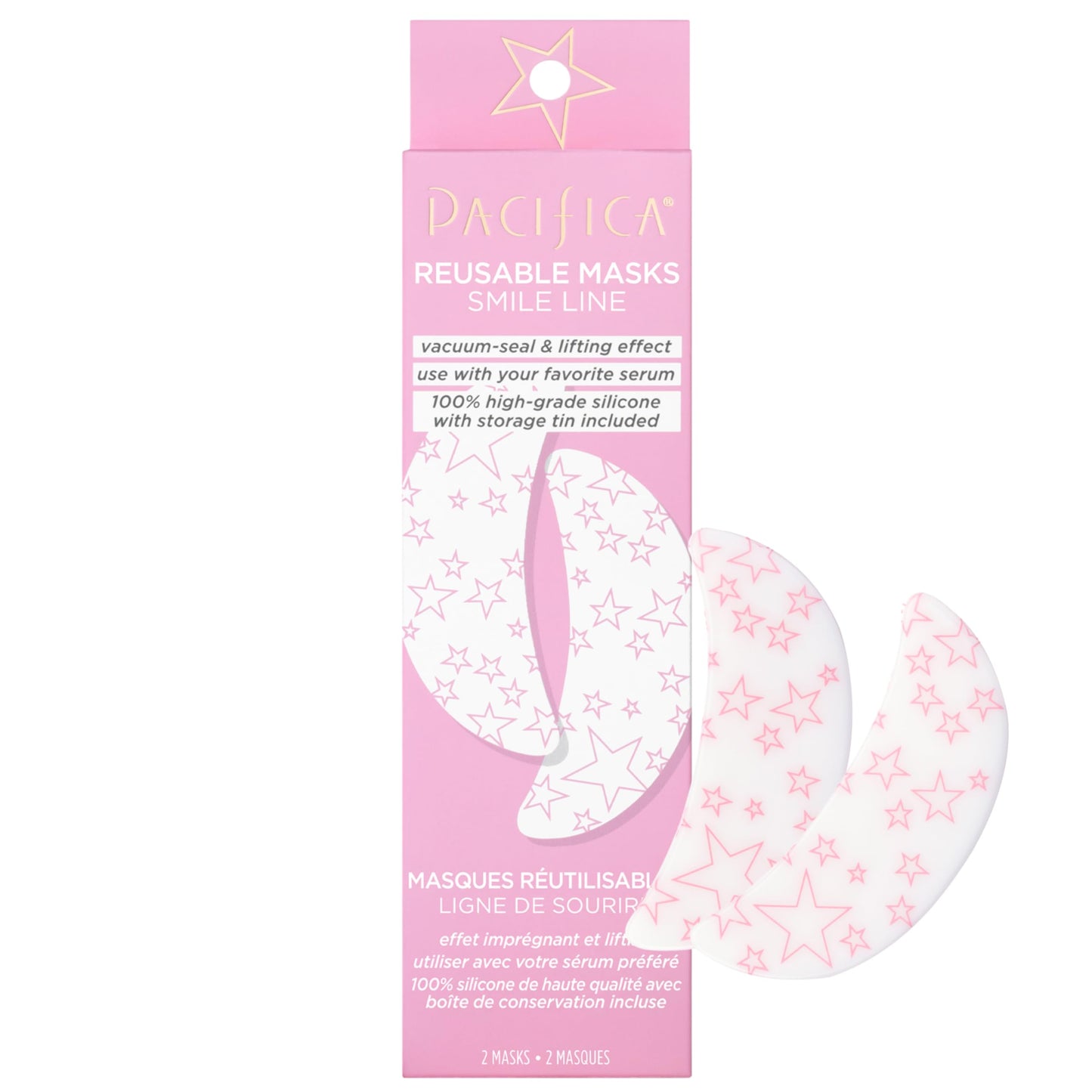 Pacifica Beauty Reusable Smile Line Mask, Skincare, Silicone Mask, For Fine Lines and Wrinkles, Lift and Firm, Pair with Serum, Storage Tin Included, Skin Care, Smile Line Patches, Vegan, 2 Pieces