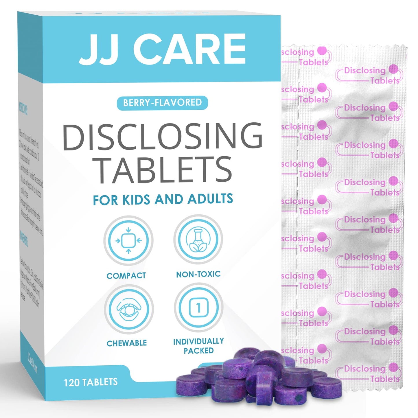 JJ Care Disclosing Tablets for Kids and Adults - 120 Count, Individually Wrapped Plaque Disclosing Tablets for Kids Brushing Teeth, Berry Flavored Plaque Remover, Dental Care for Teeth Brushing