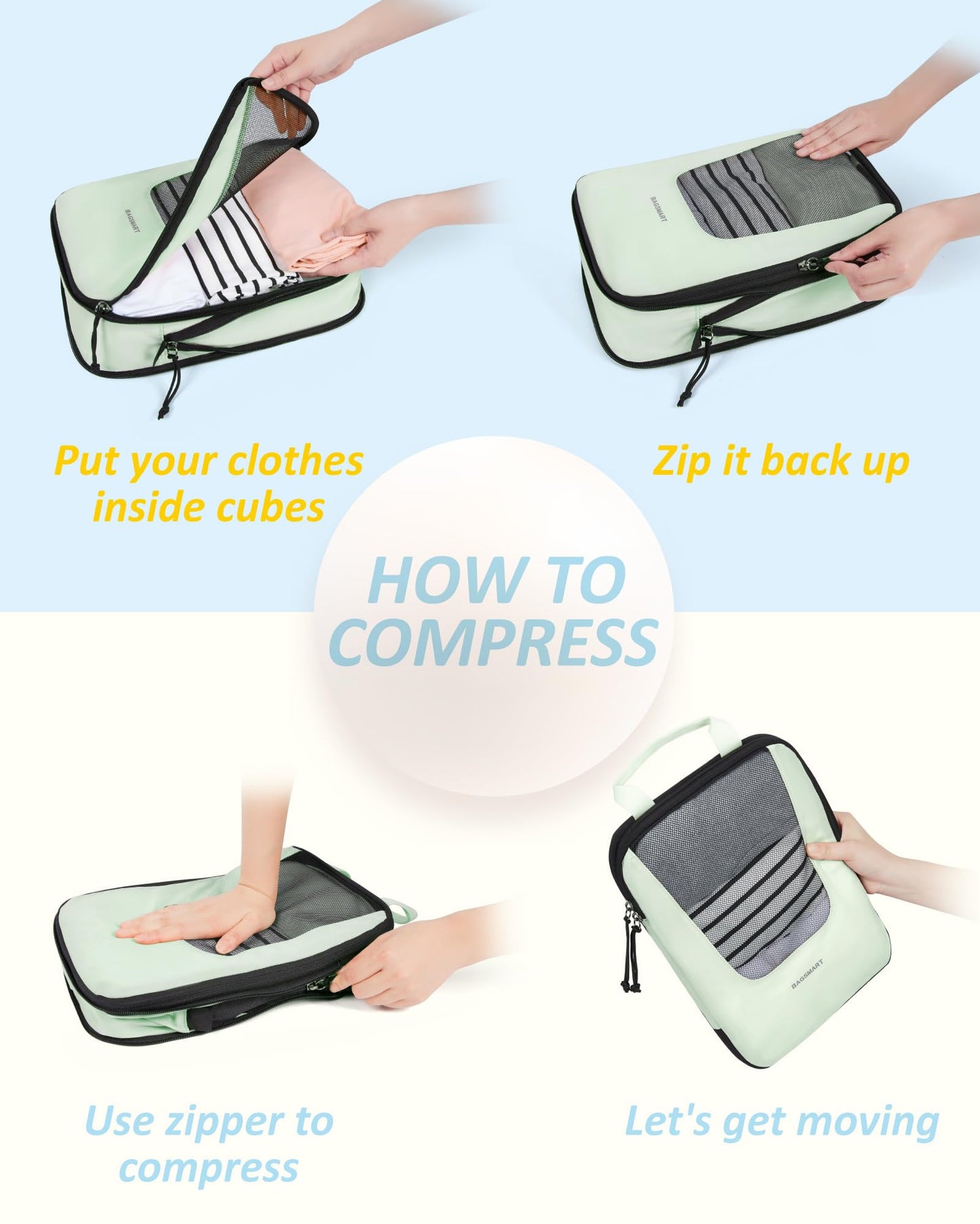 BAGSMART Compression Packing Cubes for Travel, 6 Set Packing Cubes for Suitcases, Lightweight Luggage Organizer Set Cubes for Business Travel Essentials, Light Green