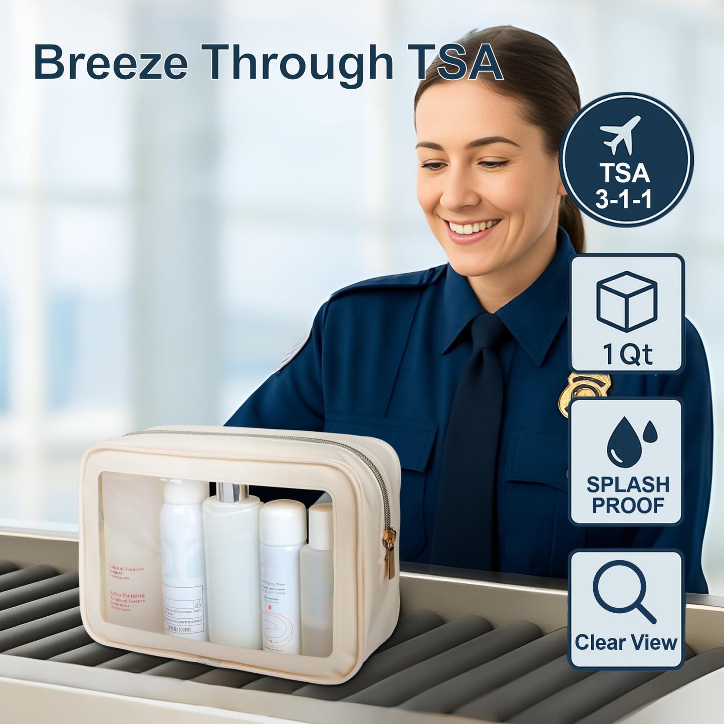 PACKISM Clear Makeup Bag - Soft Plastic Color-Edged TSA Approved Toiletry Bag, Reusable Clear Toiletry Bags with Golden Zipper, Beige