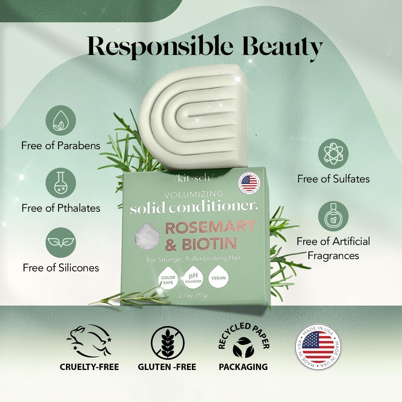 Kitsch Rosemary & Biotin Volumizing Hair Conditioner Bar for Hair Growth & Thickening – Hydrating & Cleansing Hair Conditioner for Women & Men - Paraben, Silicone & Sulfate Free - Made in USA - 2.7 oz