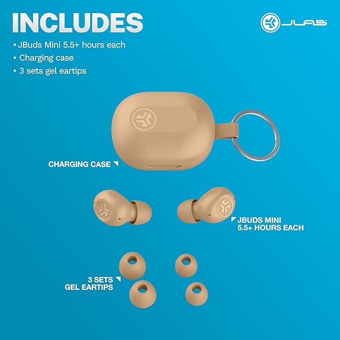 JLab JBuds Mini Tones True Wireless Bluetooth Earbuds + Charging Case, (728 N), IP55 Sweat and Dust Proof, Bluetooth Multipoint, Be Aware Audio, 3 EQ Sound Settings, Crystal Clear Calls