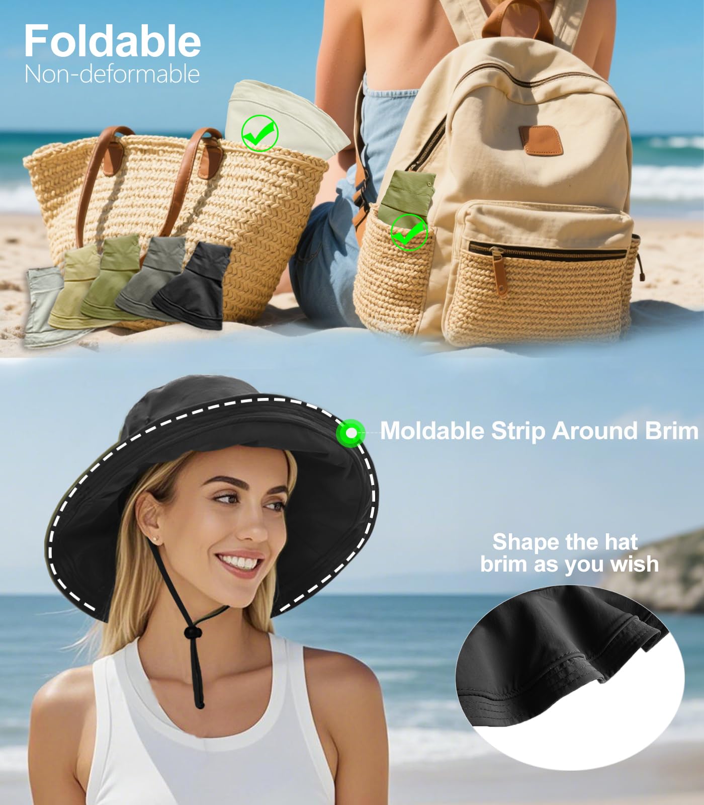 Sun Hats for Women, Wide Brim Waterproof Bucket Hat, Summer Beach Packable Ponytail Hat,UPF 50+ UV Protection Black