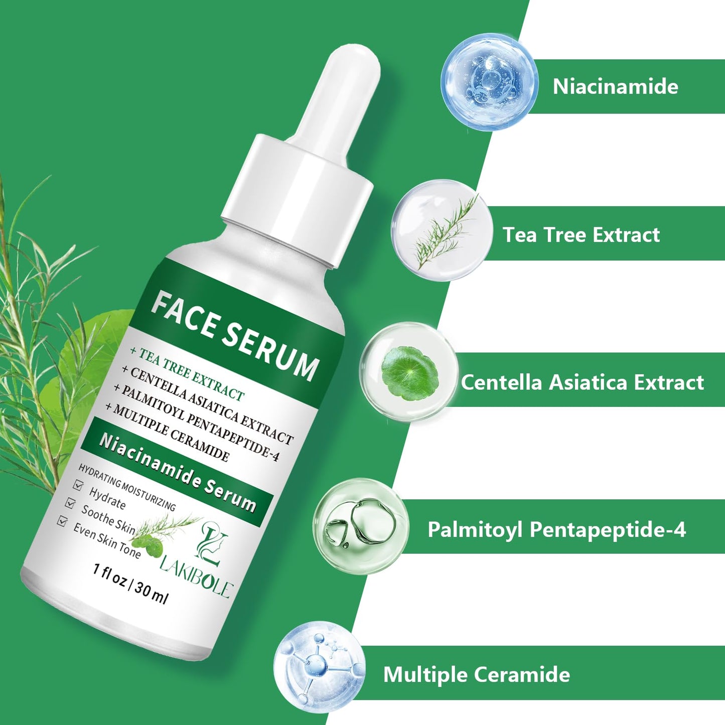 3 Pack 5% Niacinamide Serum with 4% Tea Tree Extracts & 1% Centella Asiatica Extracts for Hydration and Even Tone (1fl.oz/30ml Each)