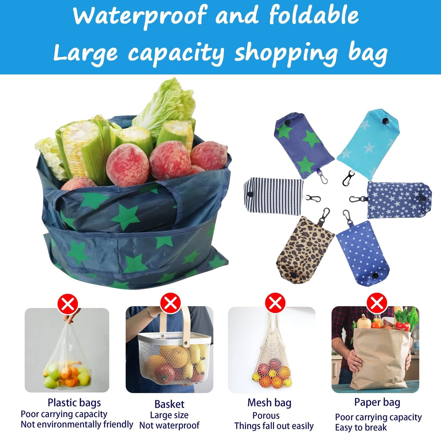 DXMWWTP 6 Pcs Foldable Reusable Shopping Bags,Tote Bags, Grocery Bags with Hook, Eco-friendly Travel Recycle Shopping Bags in Pocket, Waterproof and Machine Washable for Daily Shopping Supplies