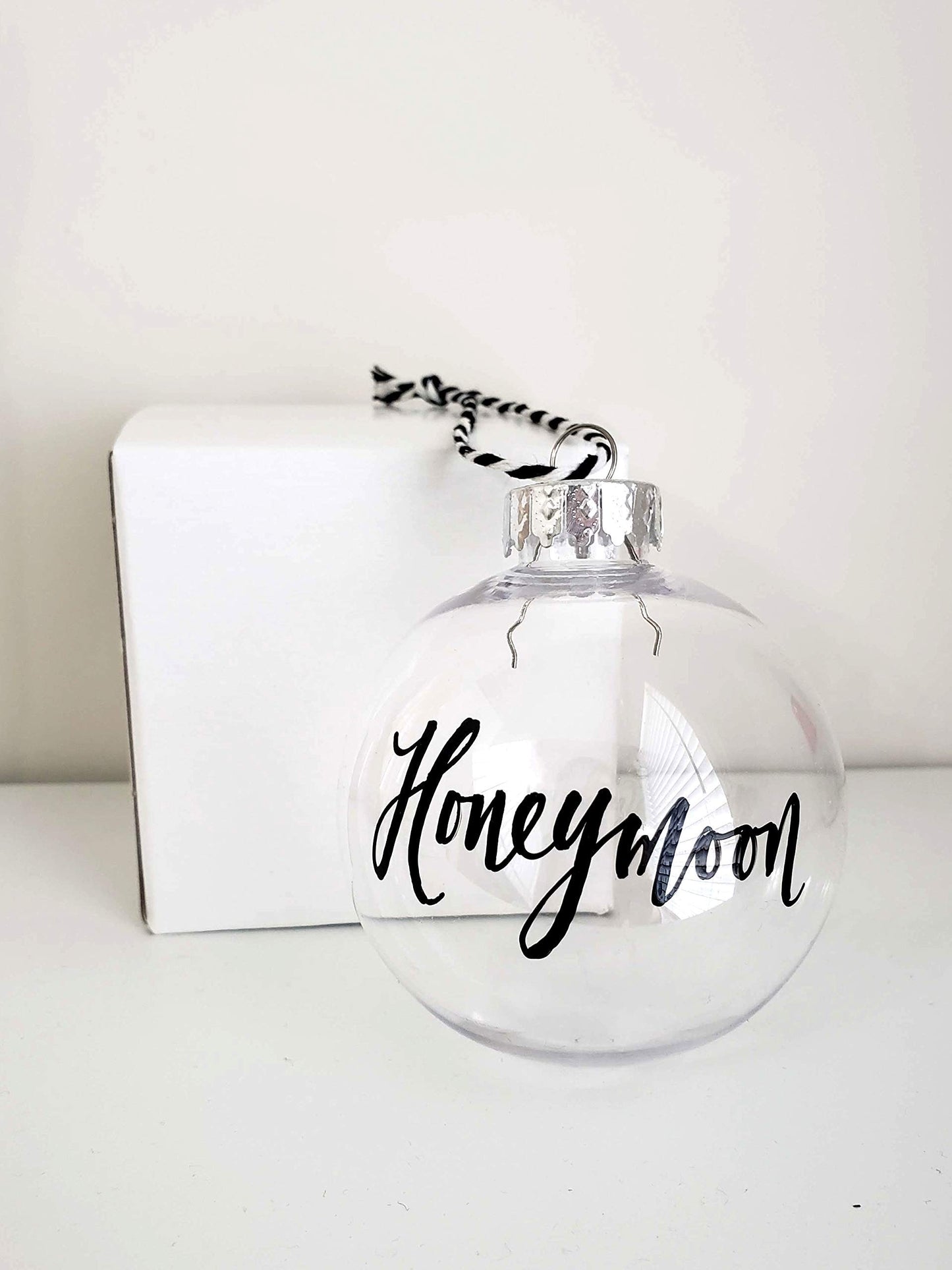 Hand Lettered Honeymoon Sand Christmas Ornament, Travel Gift for Bridal Shower - 2.5 inch Diameter, Plastic & Shatterproof