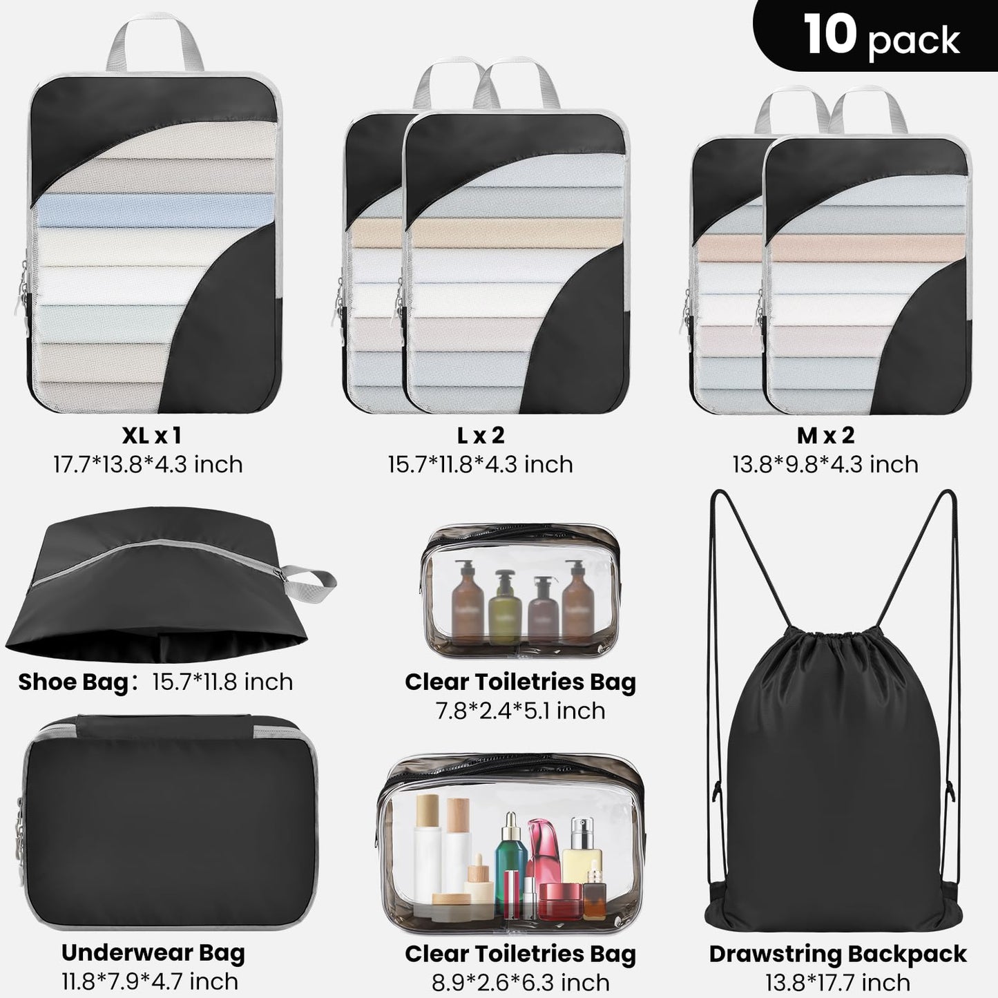10 Set Compression Packing Cubes, Lightweight Travel Essentials, Stretchable Expandable Storage Bags, Compression Bags for Travel Accessories Luggage Storage Set (10 Pcs, Black)