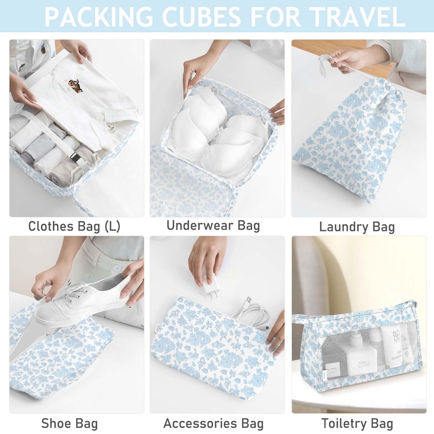 8 Set Packing Cubes for Travel, Luggage Packing Organizers Accessories Large Toiletries Bag for Clothes Shoes Cosmetics (Blue Flower)