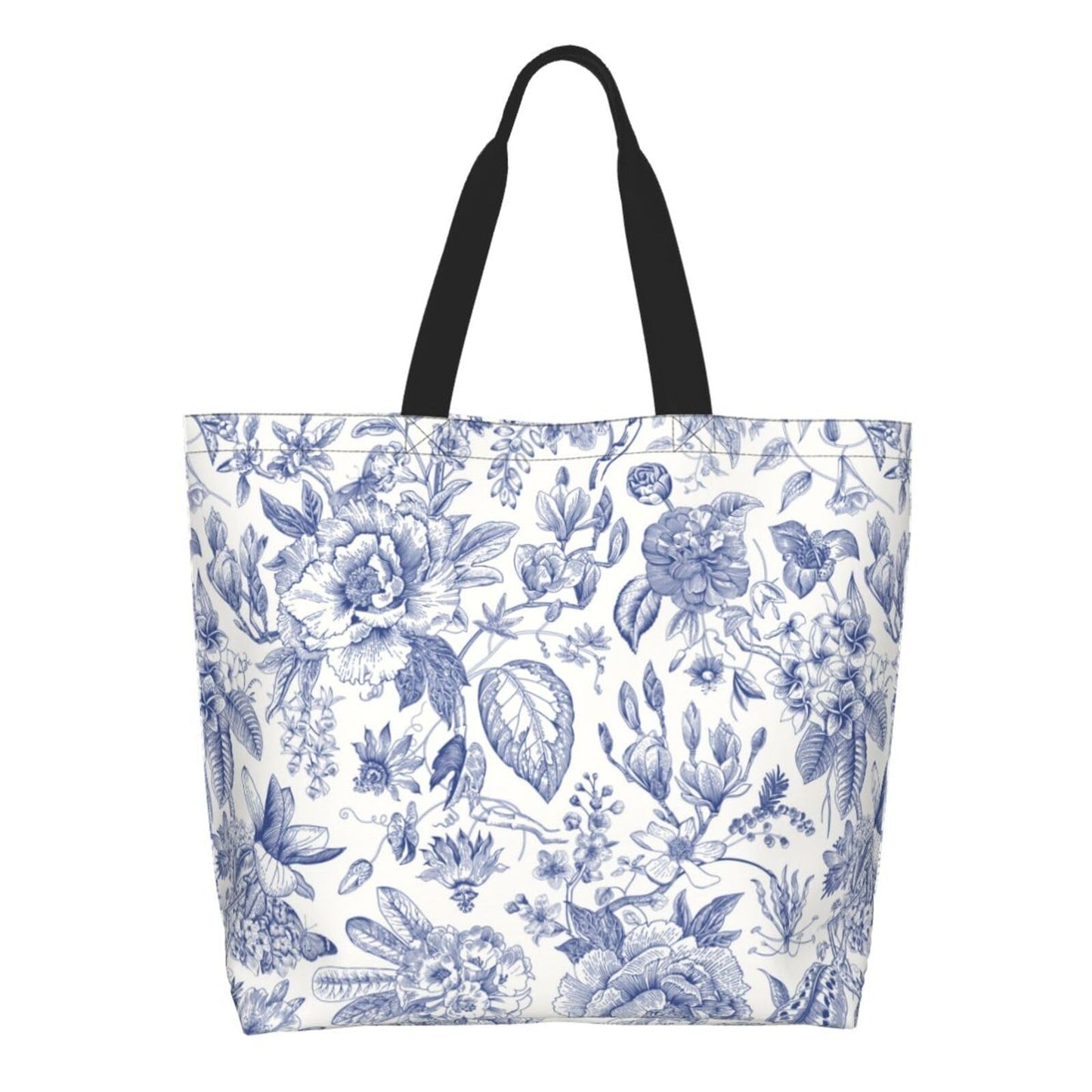 GVGOAGL Flower Blue White Leaves Tote Bag For Women, Large Waterproof Shoulder Bags Big Foldable Reusable Grocery Handbag For Travel Shopping Gym Sport Picnic Work Beach