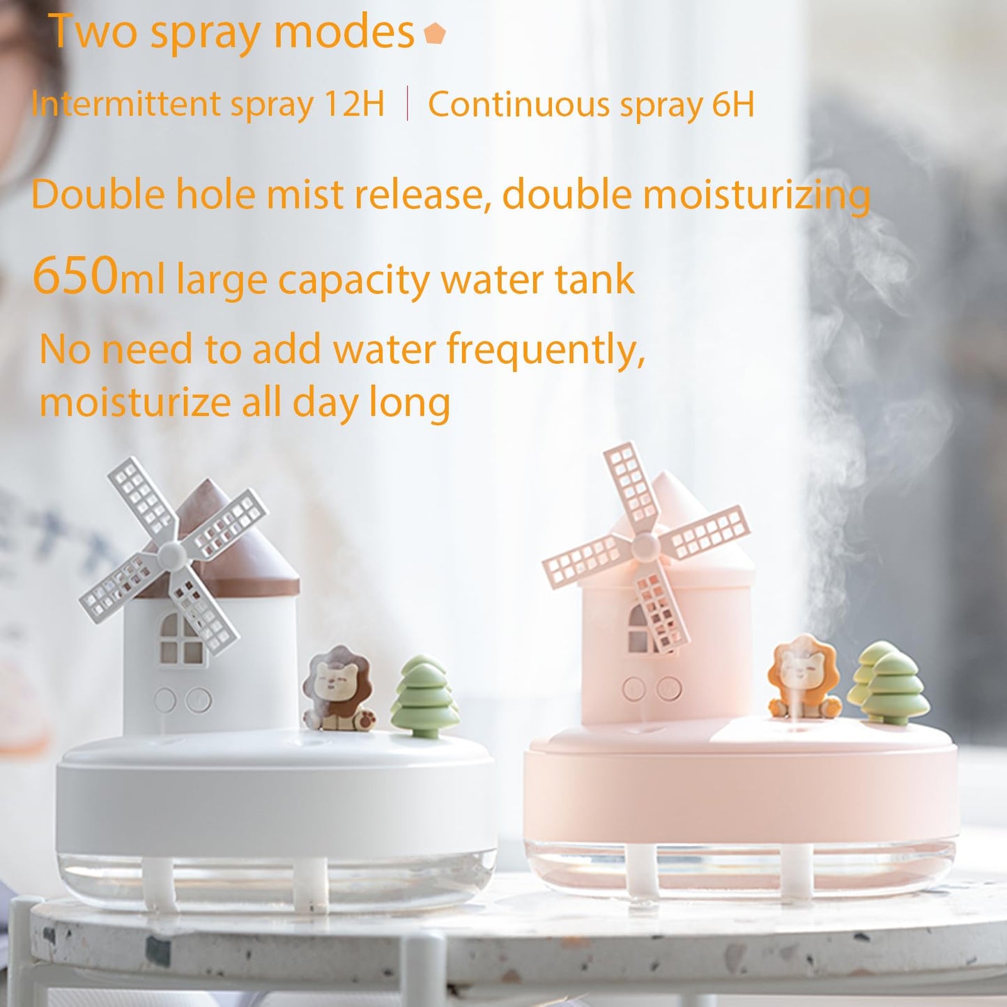 Humidifier for Bedroom,Portable Humidifier,Baby humidifier with rotating windmill and music box,double spray nozzles,two spray modes and Ambient Light,suitable for children,bedroom and office