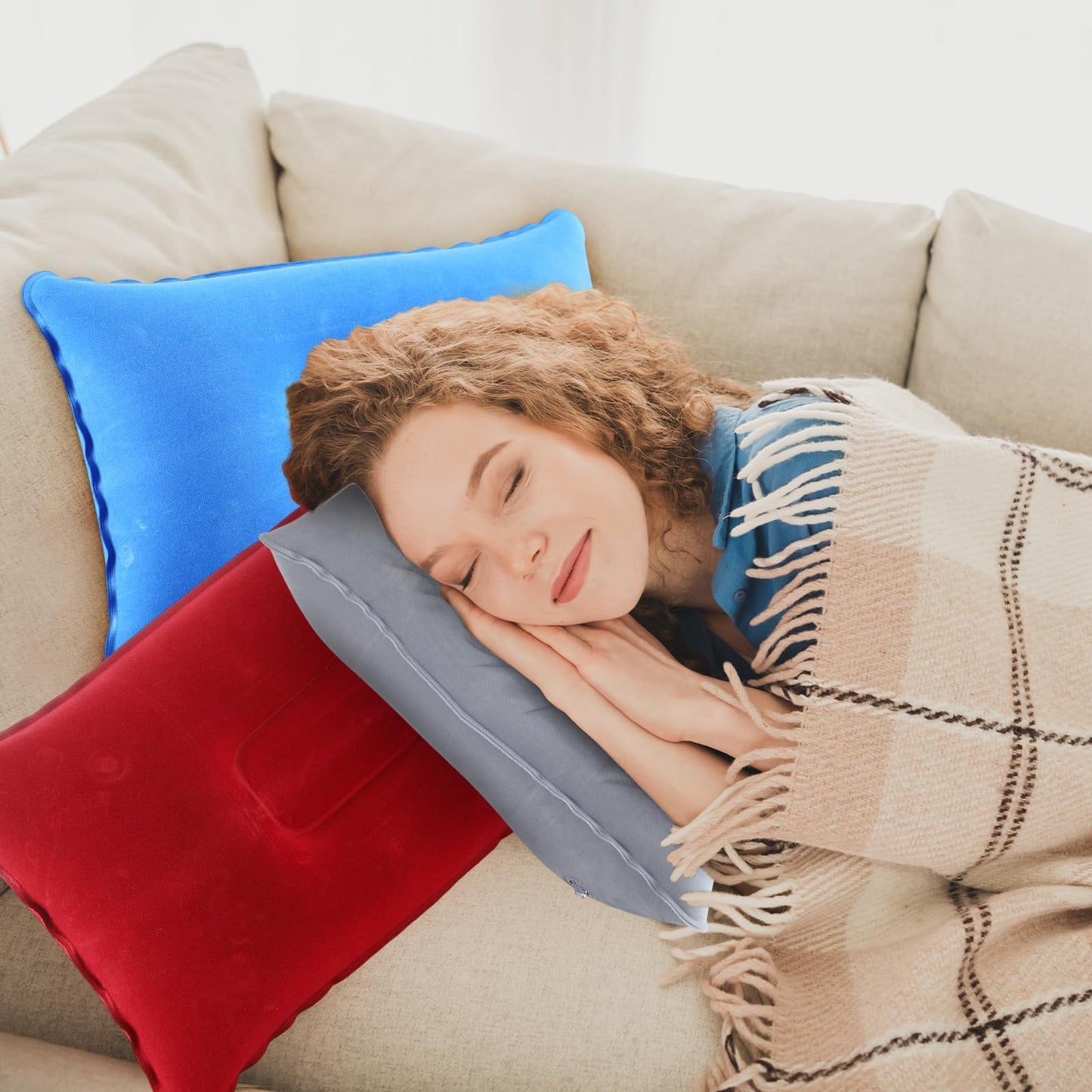 Geelin 12 Pack Inflatable Travel Pillow Squared Flocked Fabric Air Pillow Ultralight, Compact and Comfortable for Traveling, Camping, Hiking, Napping, Desk Rest, Neck Lumbar Support (16.93 × 10.63)