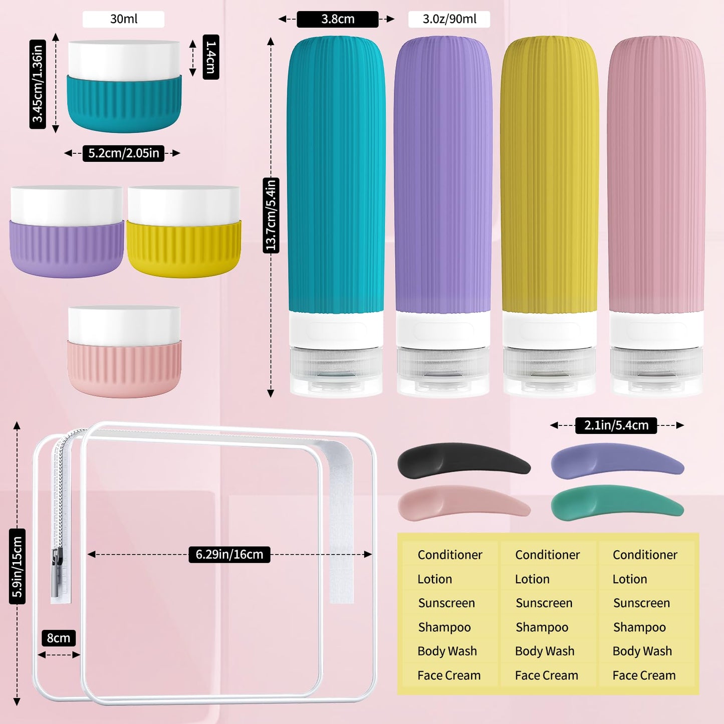 Travel Bottles for Toiletries, Leakproof Silicone Squeezable Cosmetic Liquids Bottles in Travel Size with Clear Bag, TSA Approved Refillable Cosmetic Container Kits for Shampoo and More