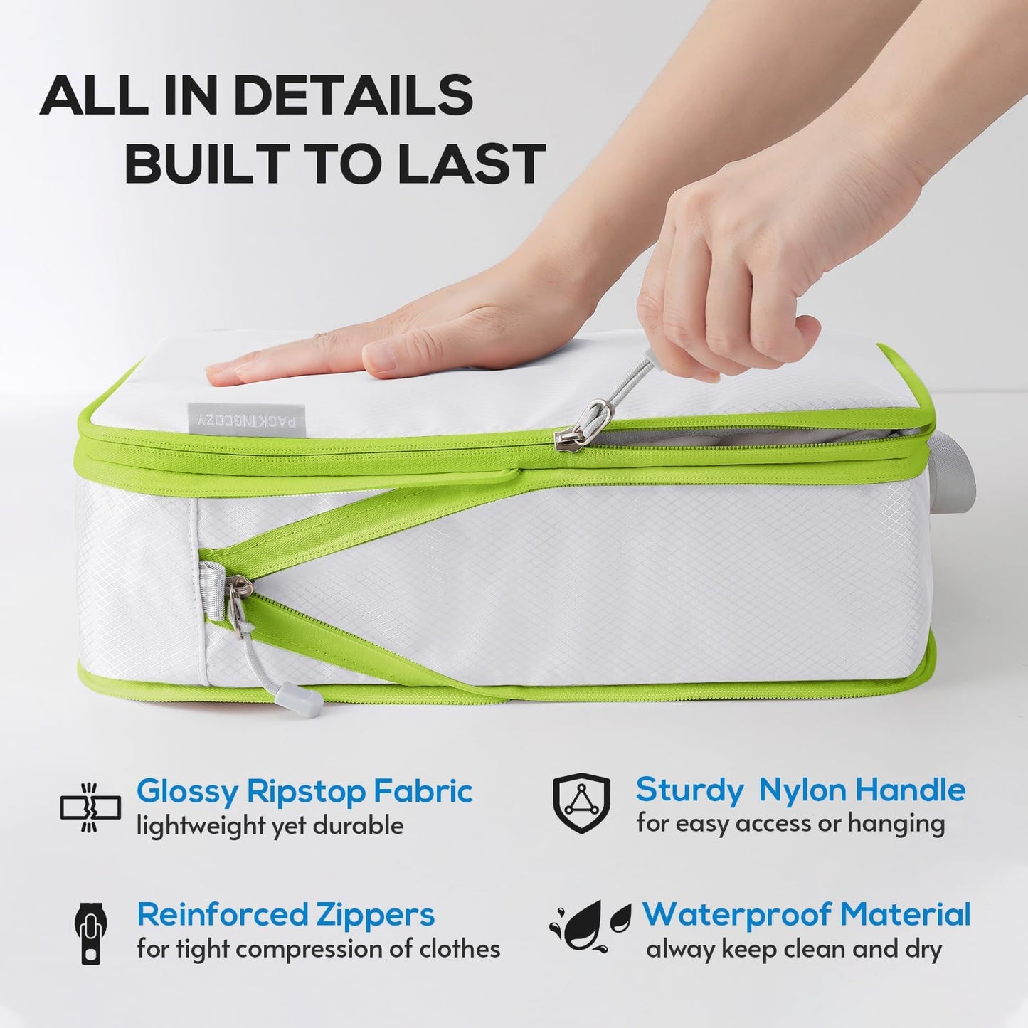 Compression Packing Cubes, 6 Set Packing Cubes for Travel Compression, Lightweight Compressible Package Organizer for Carry On and Suitcases, White and Green