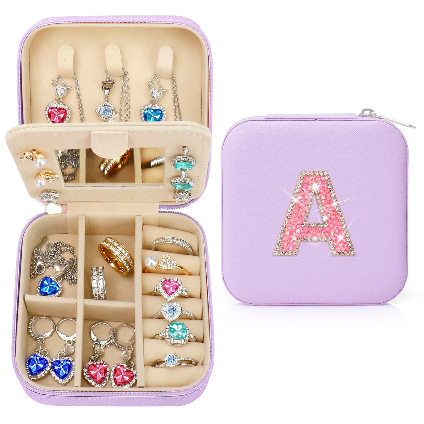 Nuozme Bling Sparkly Initial Jewelry Case,Personalized Gifts for Teen Girls,Kids,Women,Brides, Bridesmaids, Glitter Rhinestone Travel Jewelry Box,Easter Birthday Christmas Gifts, Small Size (Purple A)