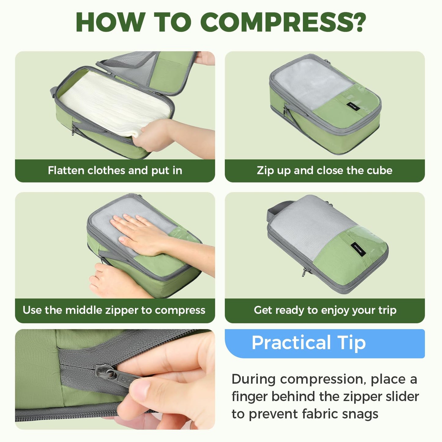 BAGAIL 6 Set/4 Set Lightweight Compression Packing Cubes for Travel, Anti-Tearing Expandable Organizer Bags for Suitcase(6 Set, Matcha Green)