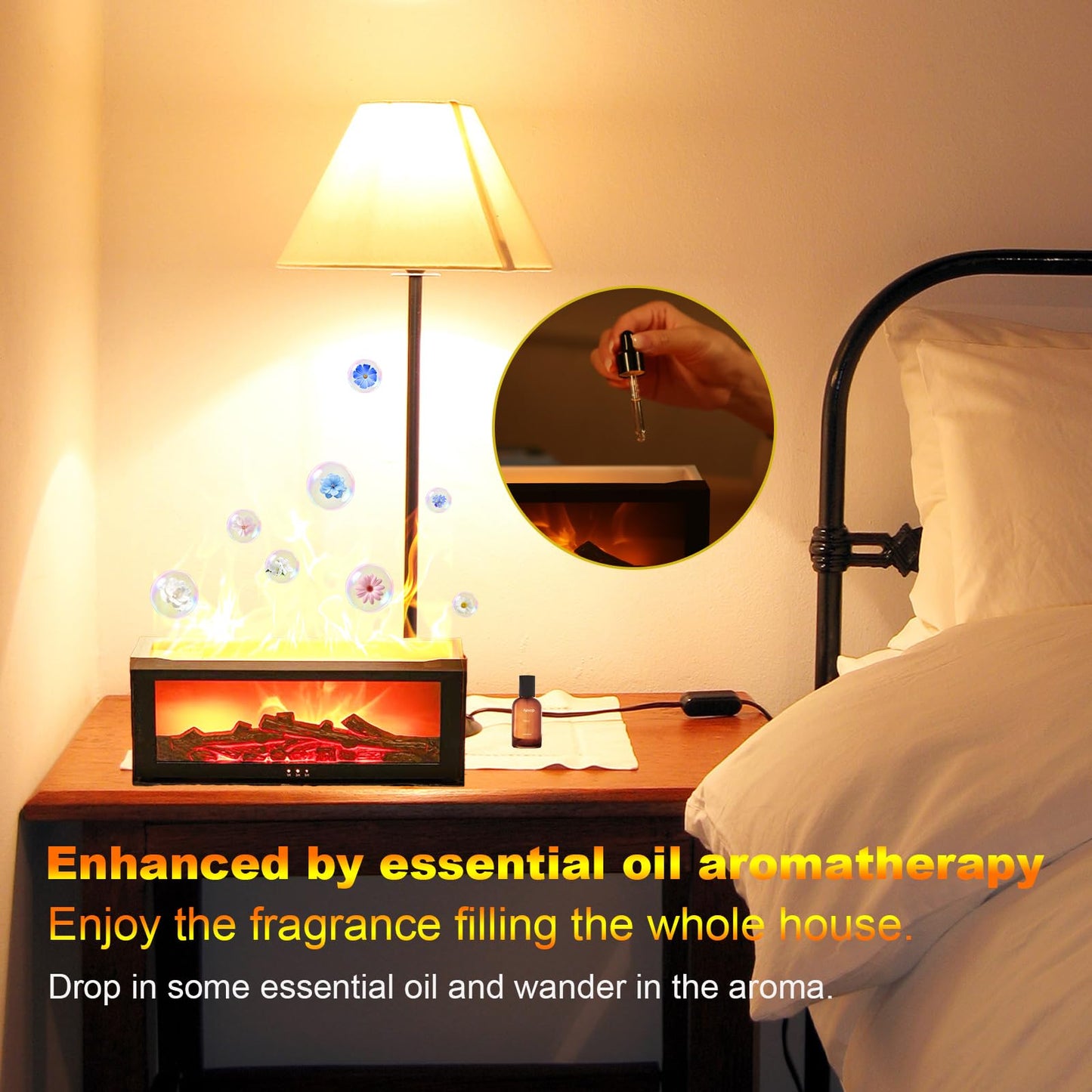 Mini Fireplace Diffusers for Essential Oils Fireplace Humidifier with Remote 150ml Fireside Ultrasonic Humidifier Bonfire Flame Diffuser with 7 Colors Light for Home Room Office (Black)