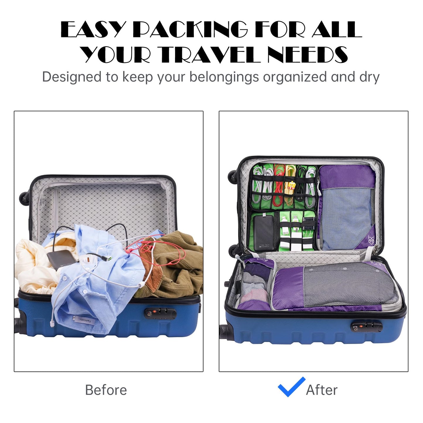 NiHome 7PCS Compression Packing Cube Set Expandable Mesh Travel Bag Luggage Organizers with Electronic Cable Cord Charger Organizer Drawstring Bag for Trip Home Storage Travel Gear Accessories