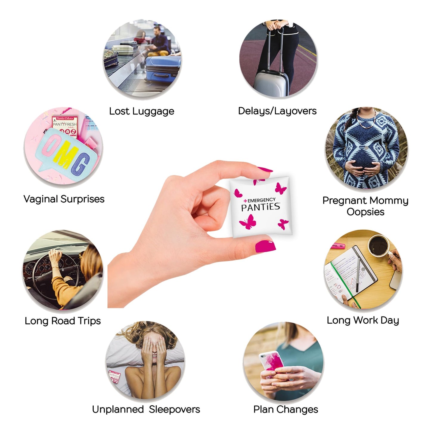 Emergency Panties 4in1 Kit Includes Seamless Bikini Underwear, Fresh Wipe & Liner Accidents Travel On-The-Go Hygiene Toiletry Kit Black Bikini