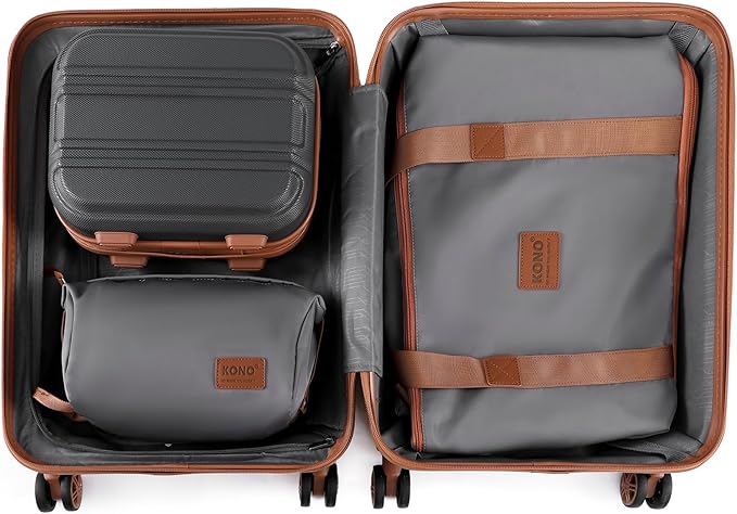 Kono Luggage Set 4 Piece Carry On Hardside Luggage with TSA Lock Spinner Wheels Carry On Suitcase Apricot Grey