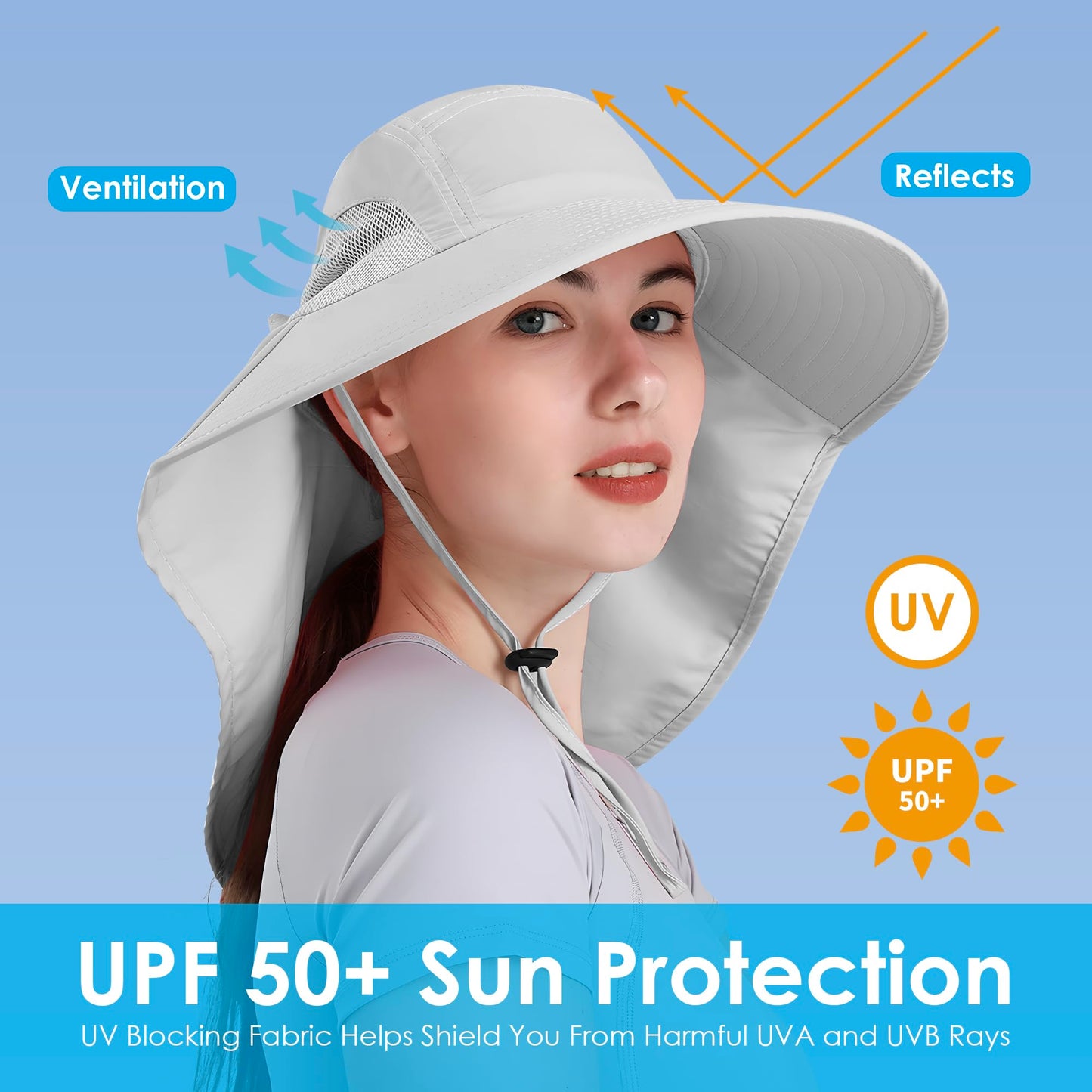 Womens Sun Hat UV Protection, Foldable Waterproof Wide Brim Bucket Hats with Neck Flap for Summer Beach Fishing Hiking Light Grey
