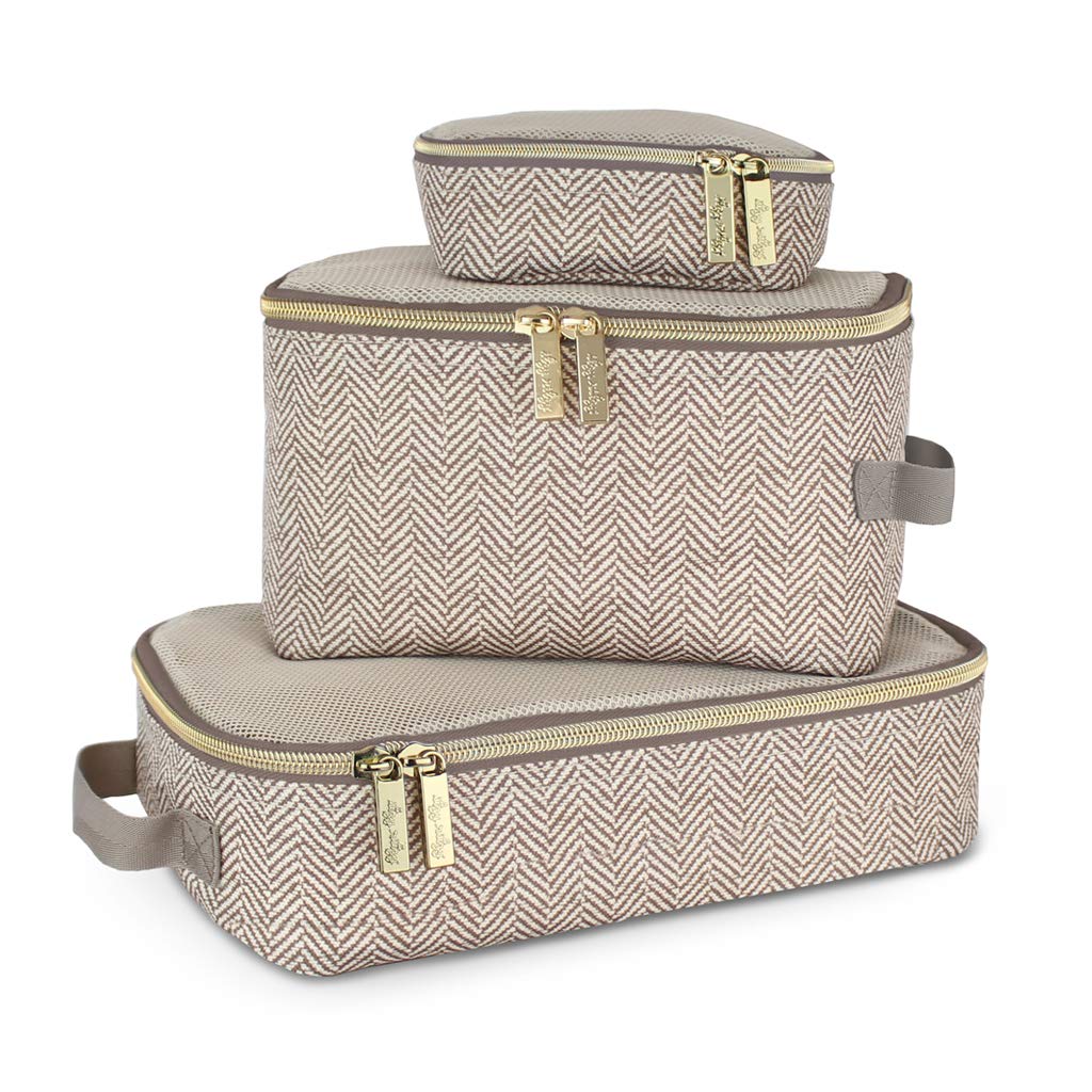 Itzy Ritzy Packing Cubes for Travel – Set of 3 Packing Cubes or Travel Organizers; Each Cube Features a Mesh Top, Double Zippers and a Fabric Handle (Taupe)