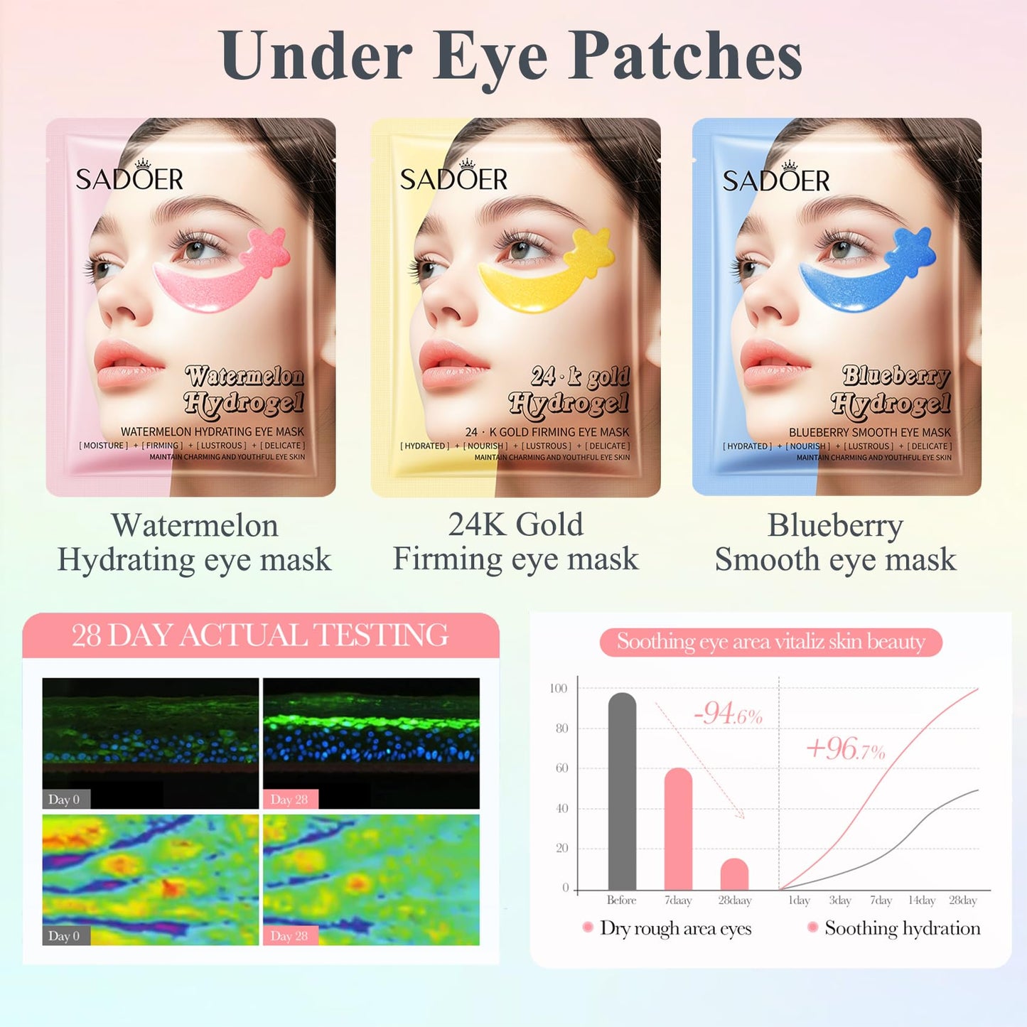 30 Pairs Under Eye Patches,Tri-color Star Under Eye Mask Patches for Sleepover Party,Cooling Eye Patches for Puffy Eyes and Dark Circles,Blueberry+Watermelon+24K Gold Hydrogel Overnight Eye Patches
