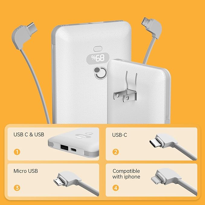 Brand Q 10000mAh Portable Charger with Built-in Cables and AC Wall Plug, USB C Fast Charging Power Bank with 3 Cords,5 Output External Battery Pack Compatible with iPhone,Tablet and All Smart Phones