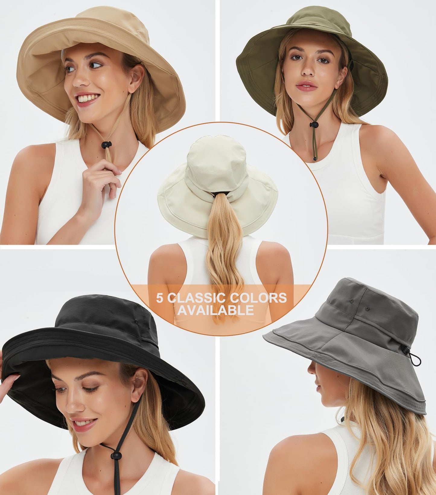 Sun Hats for Women, Wide Brim Waterproof Bucket Hat, Summer Beach Packable Ponytail Hat,UPF 50+ UV Protection Black