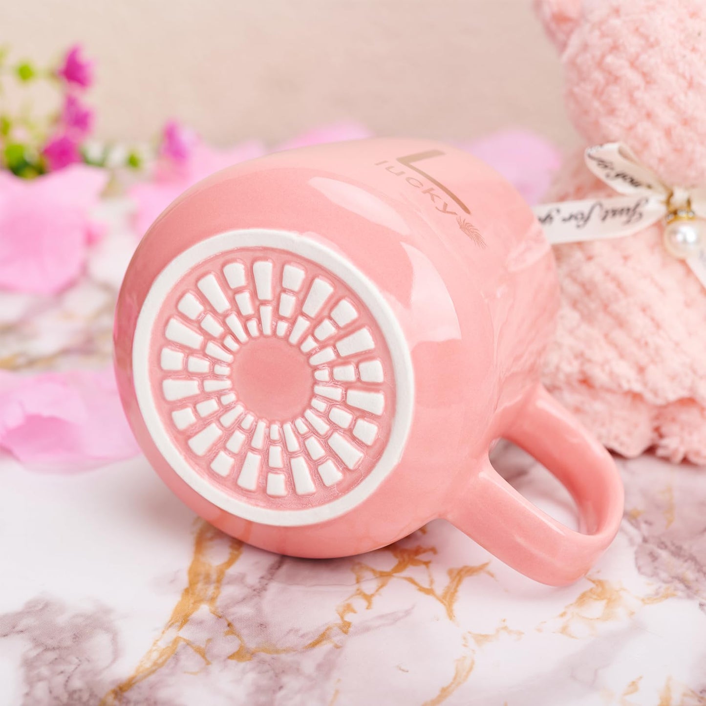 ISHINE Ceramic Coffee Mug and Bear Gift Set, 11oz Bride Newlywed Anniversary Honeymoon Wedding Christmas Birthday Gifts for Best Friend Sister (Pink)