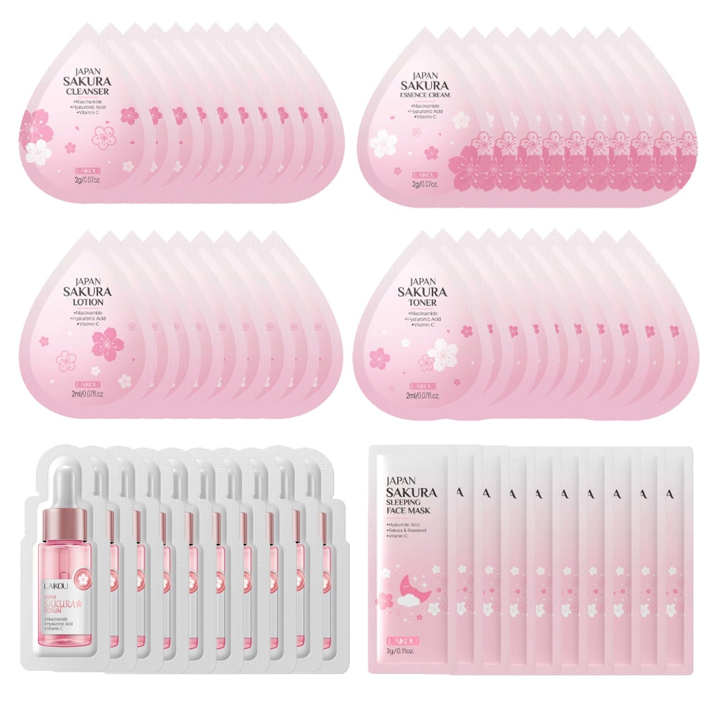 Sakura Travel Skincare Sets, 60pcs Mini Travel Skin Care kit Including Cleanser, Toner, Lotion, Serum, Cream, Sleepping Mask