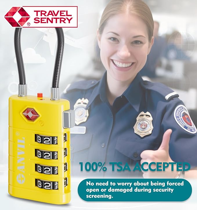 ANVIL 4 Digit Luggage Locks, TSA Locks for Luggage, Advanced TSA008 core, Alert Indicator for Your Travel Lock, Suitcase Lock. (3, Yellow)