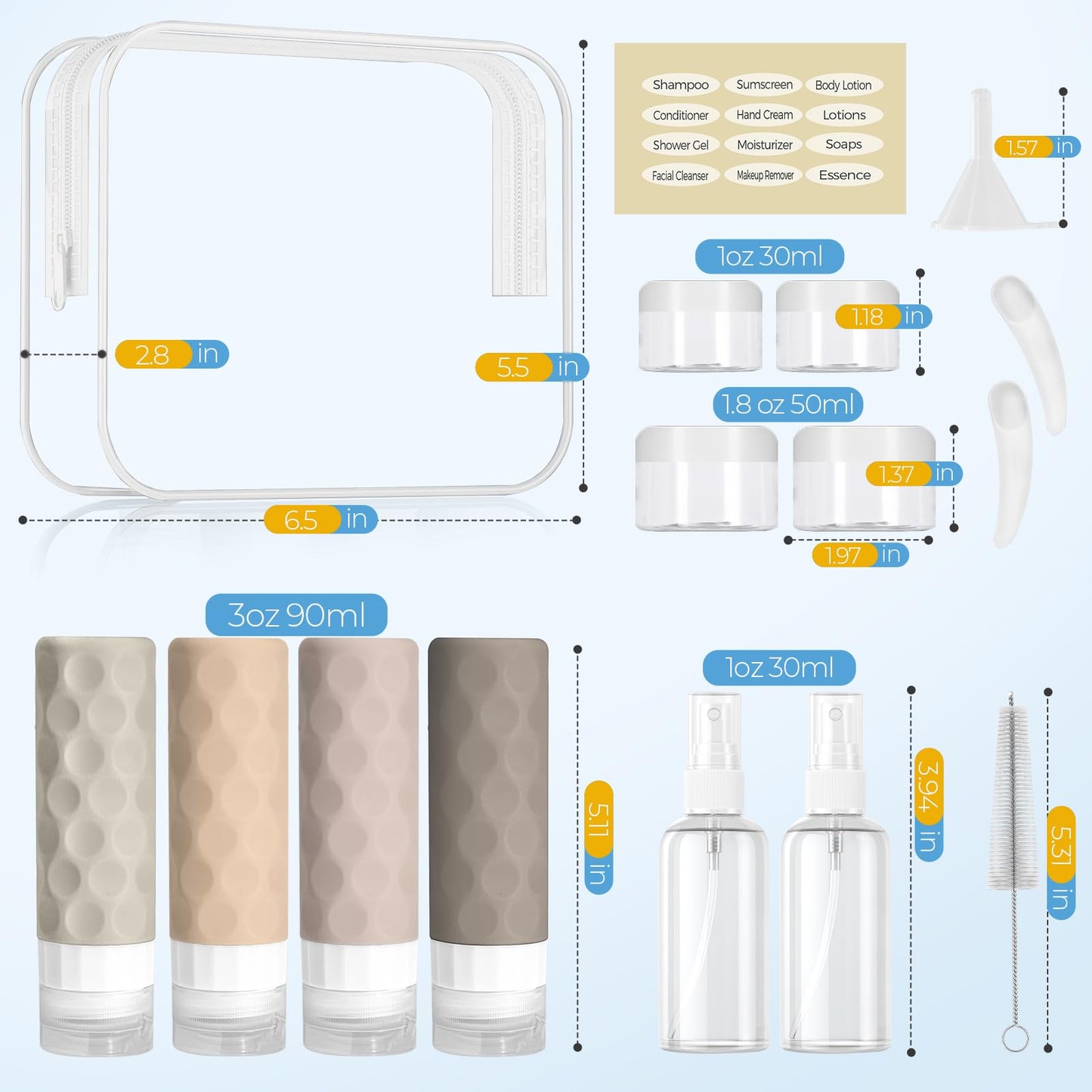 Silevoler 16pack Travel Bottles for Toiletries, TSA Approved Travel Size Containers Set, Leak Proof Refillable Liquid & Creams Toiletries Accessories Kit W/Toiletry Bag (Cream)
