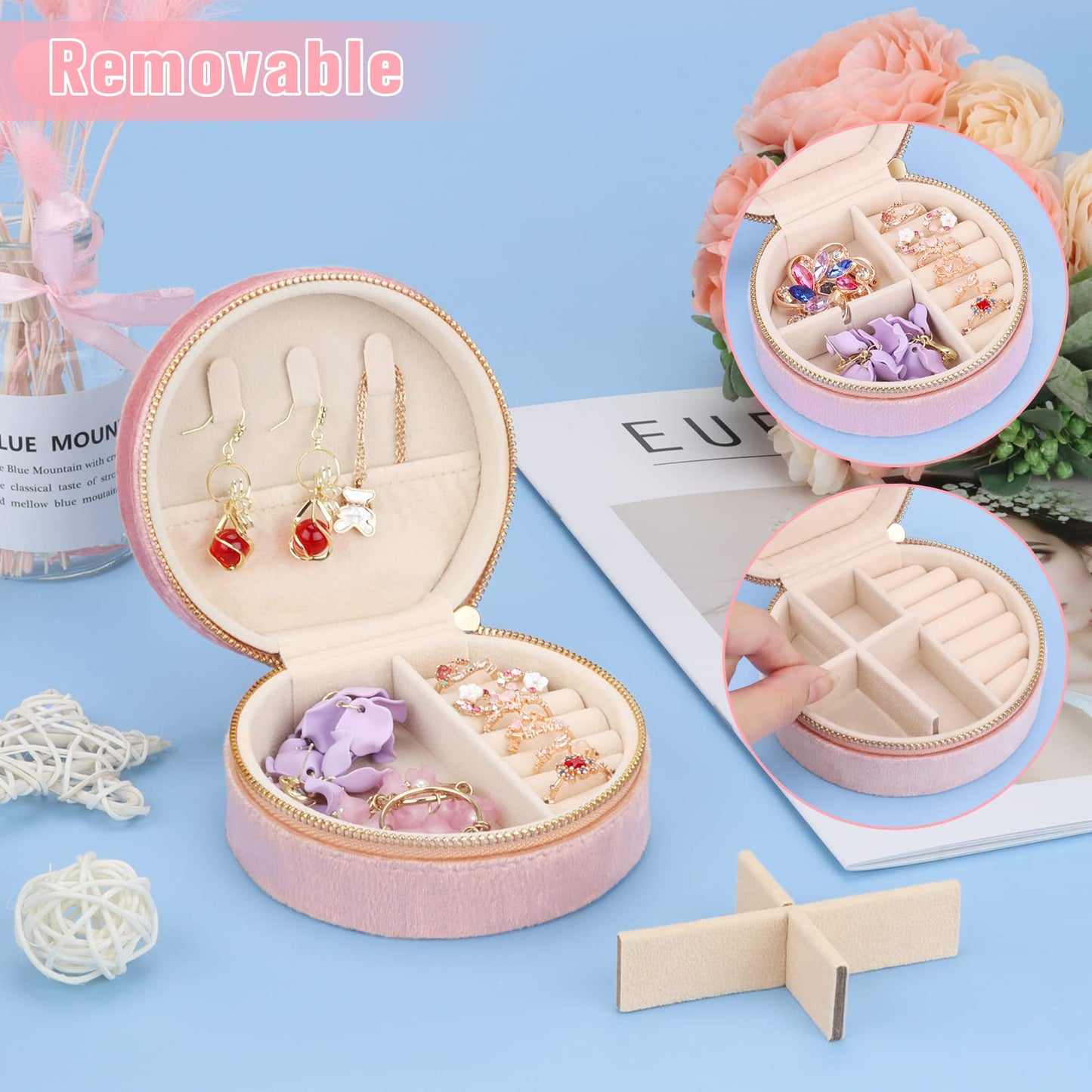 DesignSter Travel Jewelry Box - Velvet Mini Jewelry Organizer, Small Jewelry Case for Girls Women, Jewelry Storage Box for Rings Earrings Necklace (Circular, Lotus Pink)