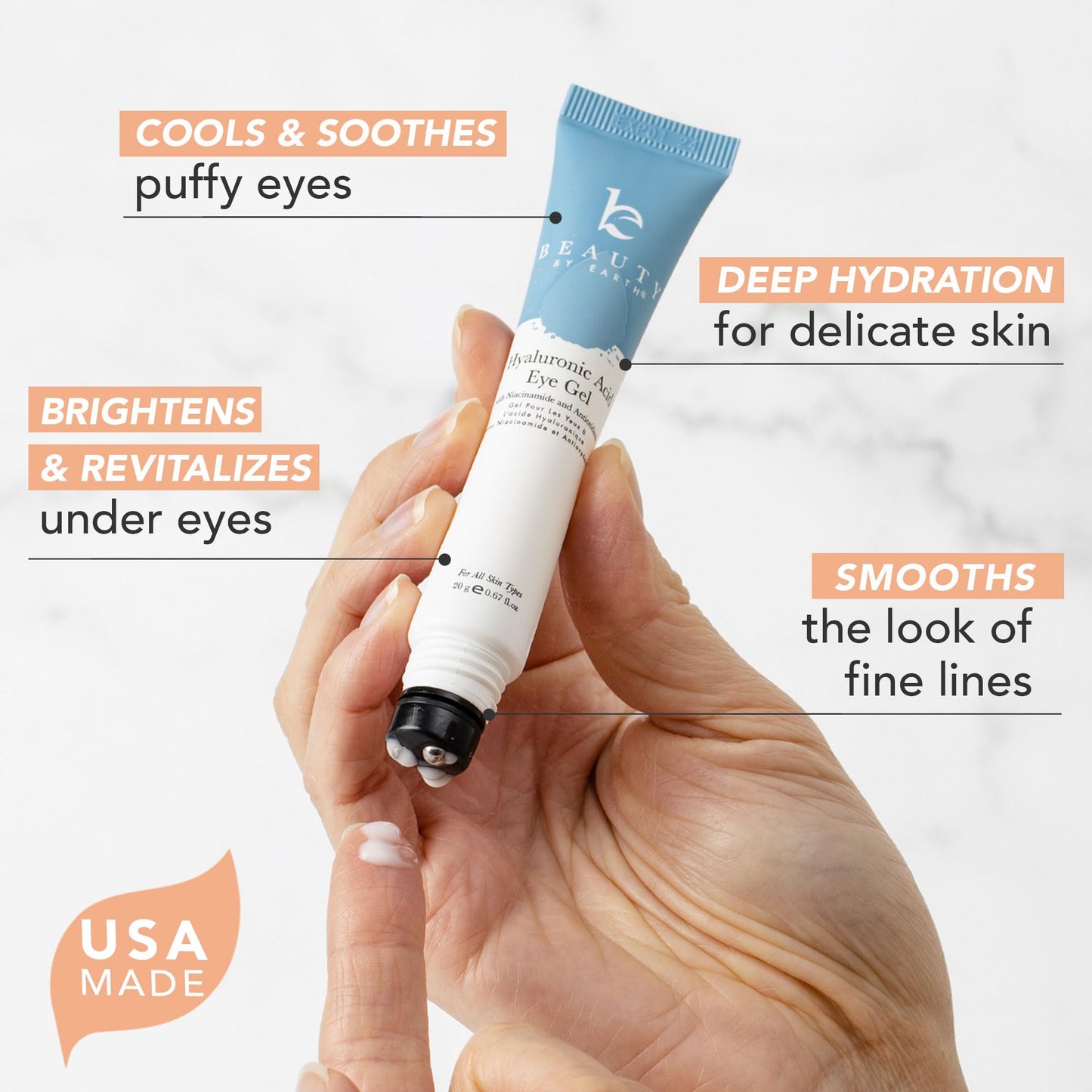 Hyaluronic Acid Eye Cream - USA Made with Natural & Organic Ingredients, Cooling Under Eye Gel & Brightener, Dark Circles Treatment with Hyaluronic Acid & Glycerin, Reduces Puffiness & Bags Under Eyes
