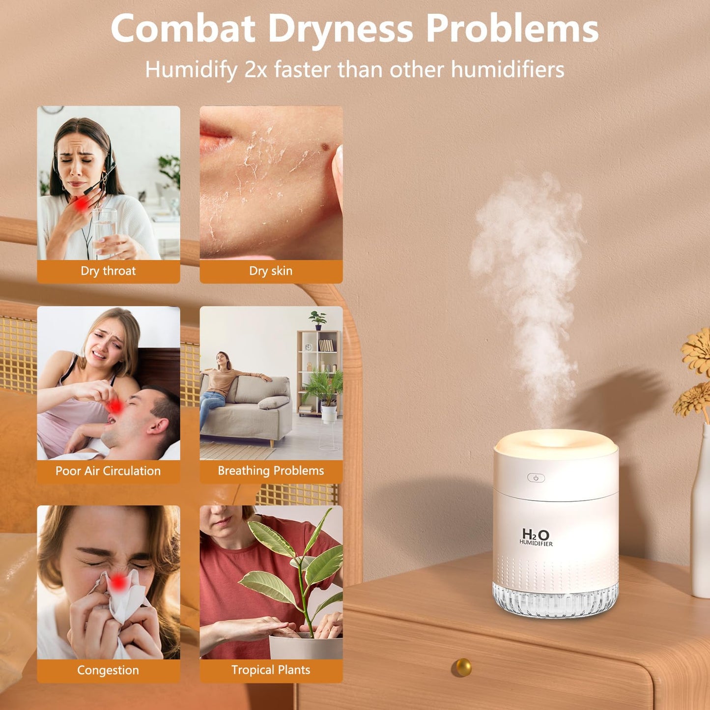 BAMCOO Portable Mini Humidifier, 350ml Small Cool Plant Humidifiers, Rechargeable Personal Desktop Humidifier for Bedroom, Office, Nursery, Travel with Night Light,Auto Shut-Off,3 Filter(white)