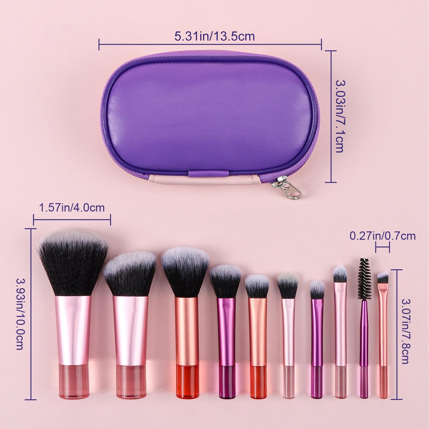 Kingtree Travel Makeup Brush Set, 10Pcs Mini Makeup Brushes with Pouch Portable ON THE GO Makeup Brushes Travel Set, Easy-taken Full Complete Function Cosmetic Brushes for Flawless Makeup Looks