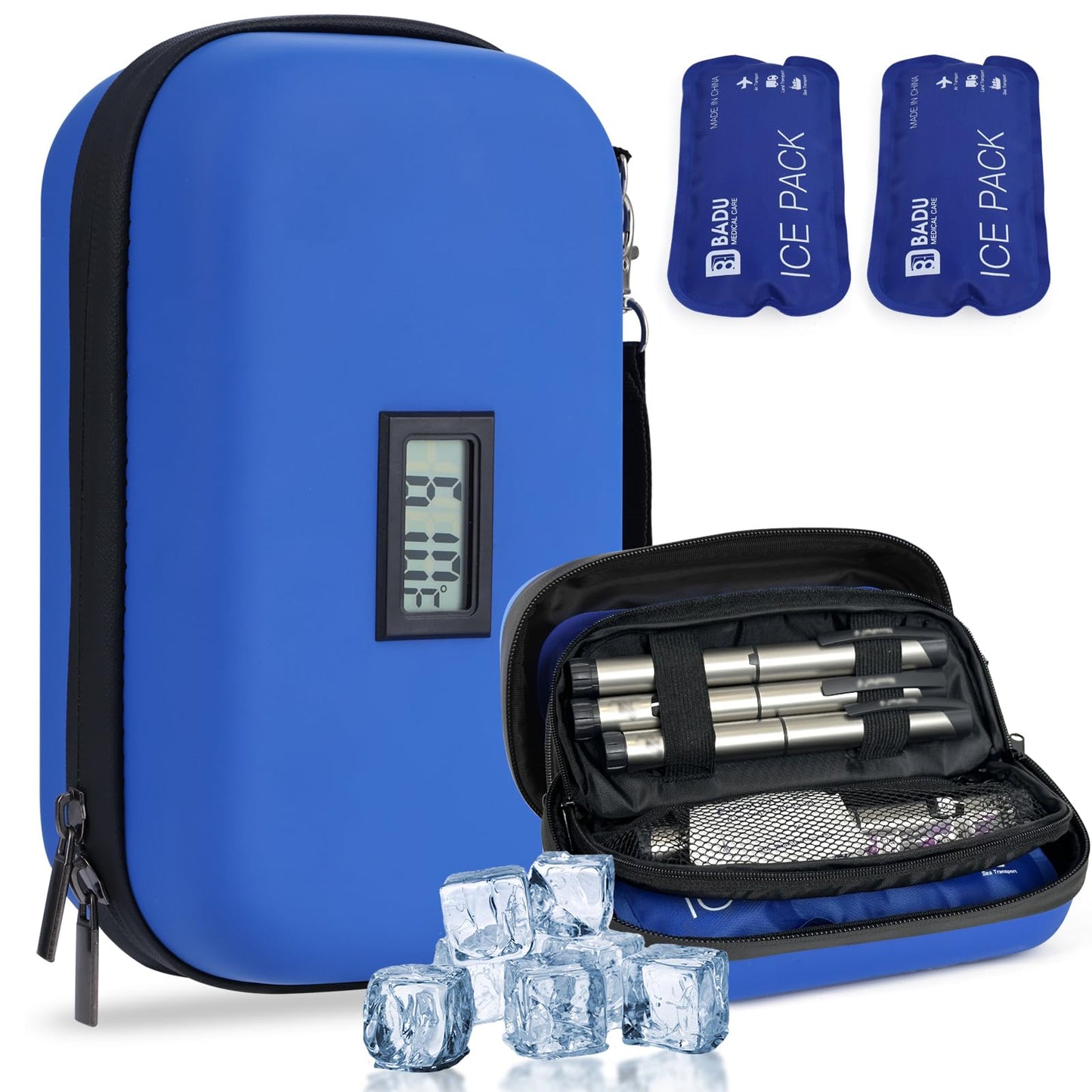 HIMDUZE Insulin Cooler Travel Case TSA Approved Refrigerated Medicine Cooler for Travel w/Thermometer Temperature Diabetic Travel Case w/2 Reusable Ice Packs for Daily Life Trip, Blue