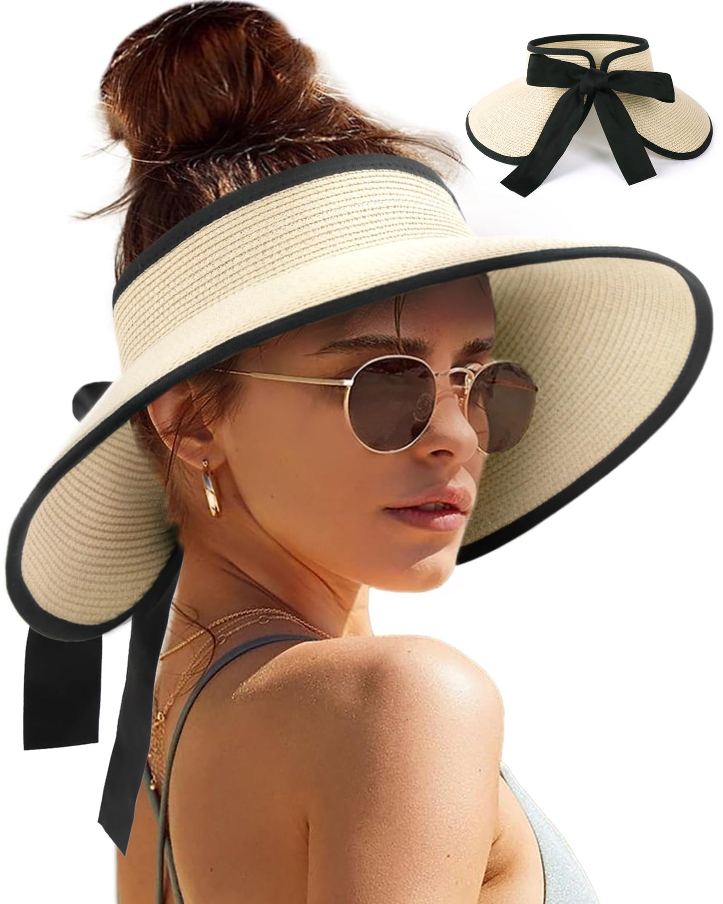 Camptrace Sun Visors for Women Wide Brim Beach Hat Foldable Straw Visor Hat Ponytail Summer Packable UPF 50+ Beige