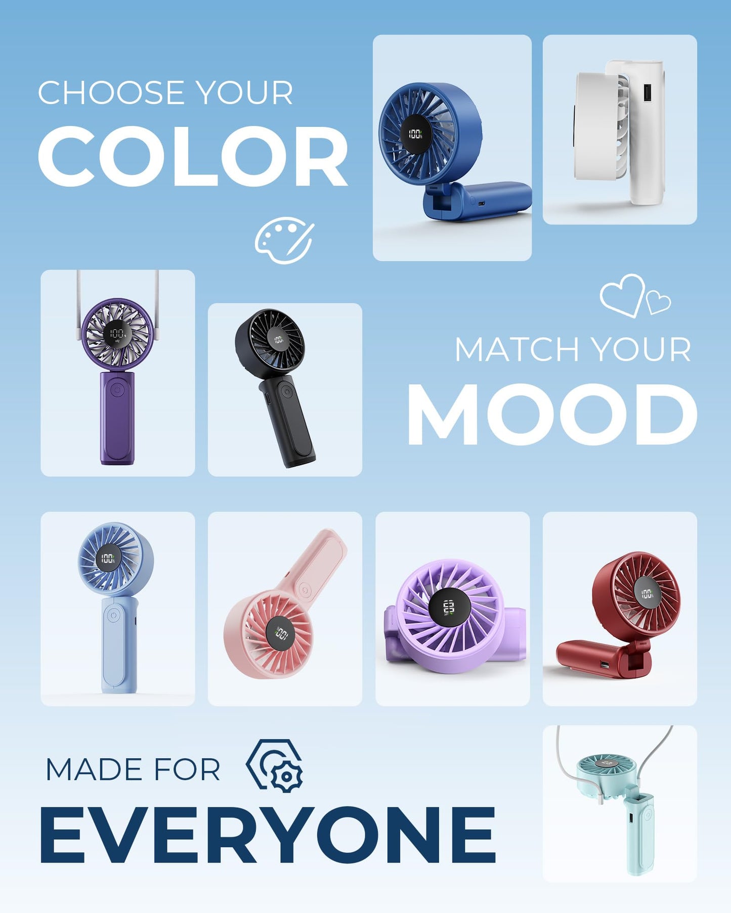 Handheld Portable Fan, 4000mAh USB Rechargeable Personal Fan, 180° Foldable Mini Desk Fan with 6 Wind Speed, LCD Digital Display, Lanyard as Neck Fan, Ultra Quiet