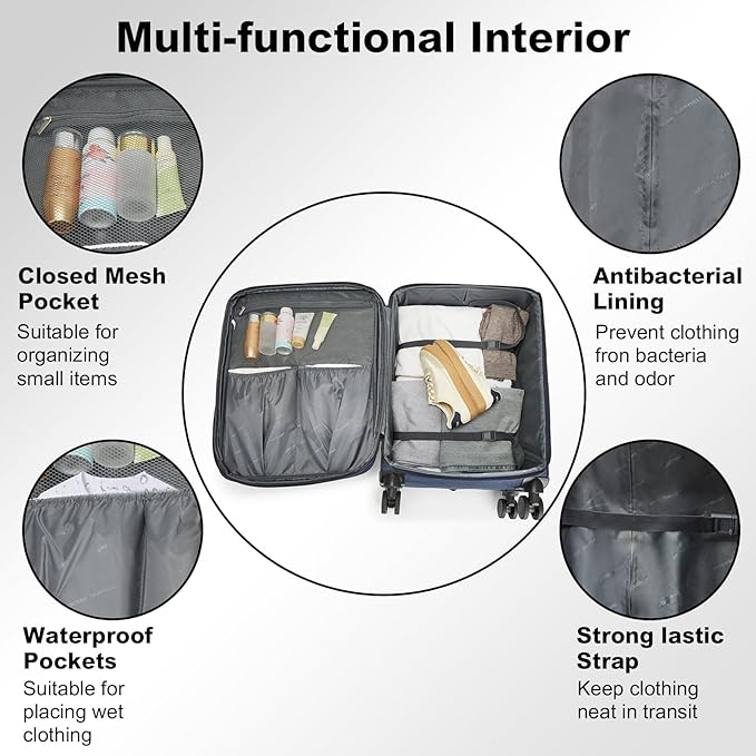 Kono 24 Inch Softside Expandable Checked Luggage with 8 Spinner Wheels TSA Lock Softshell Lightweight Business Travel Suitcase for Men and Women, Navy Blue