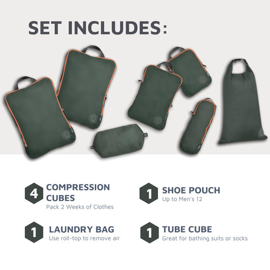 Large Compression Packing Cubes for Travel-Packing Cube Luggage Organizers 7 Piece Set for Checked Luggage-Ultralight, Expandable/Compression Bags by TRIPPED Travel Gear (Green and Brown)
