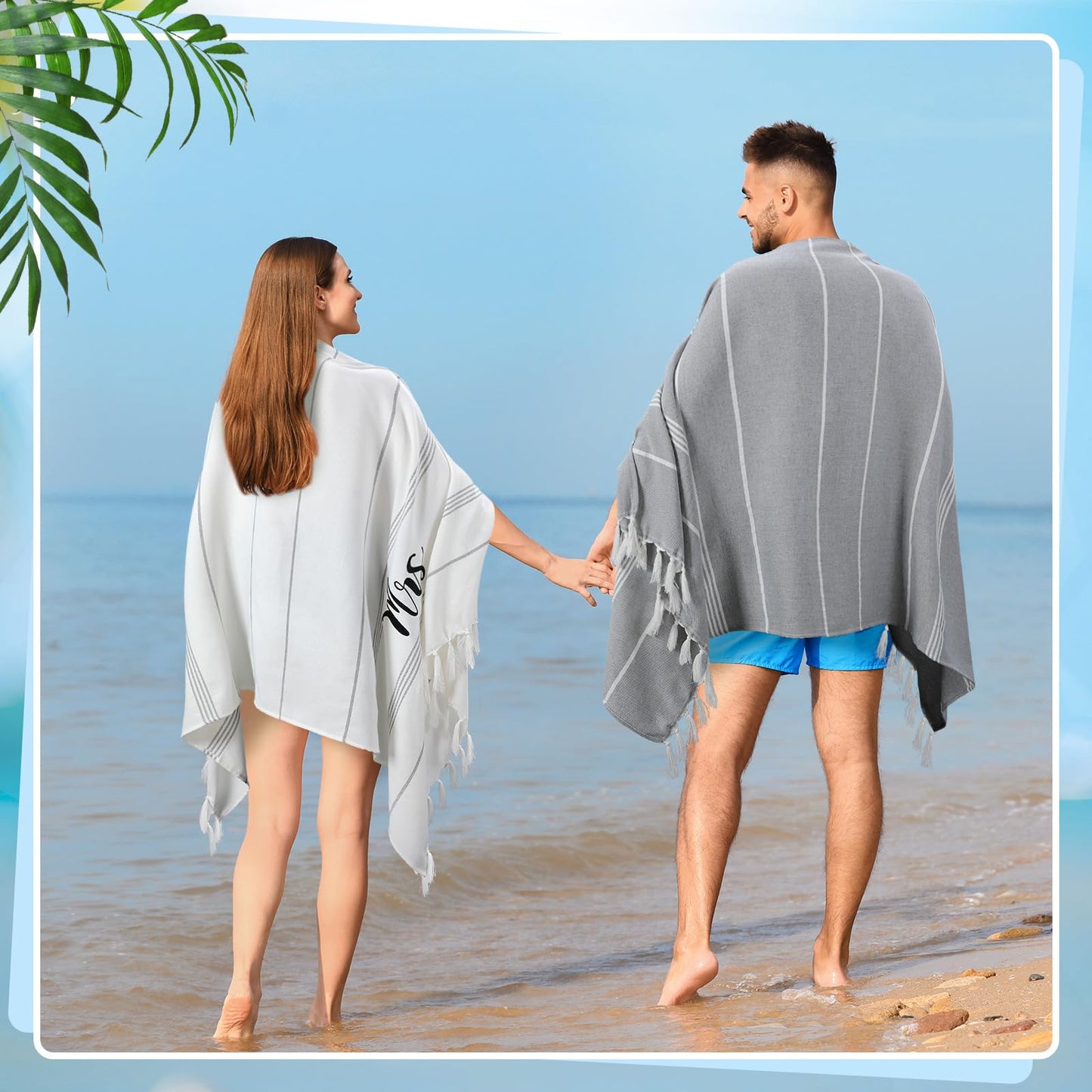Preboun 2 Pcs Mr and Mrs Turkish Beach Towels Decorative Mr and Mrs Gift Embroidery Stripe Turkish Beach Towels for Honeymoon Newlywed Couple Wedding Gift 71 * 39 inch(Grey, White)