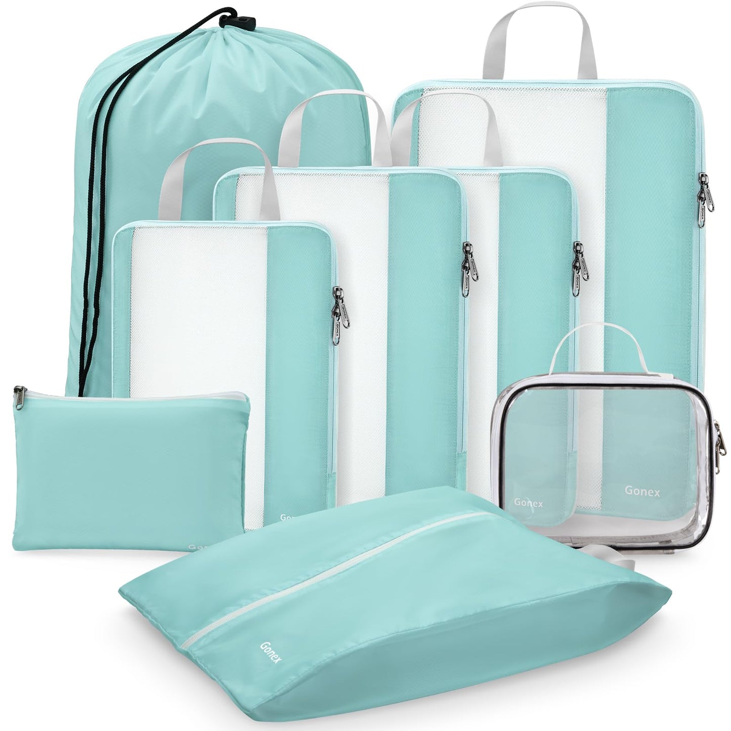 Gonex 8 Set Compression Packing Cubes for Travel, Expandable Mesh Packing Organizer for Travel Accessories Essentials with Toiletry Bag, Laundry Shoe Cable Bag for Suitcases, Grey Blue-green
