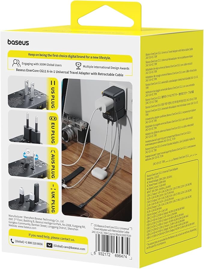 Baseus 70W Universal Travel Adapter with Retractable Cable, 6-in-1 International Plug Adapter, USB-C PD Fast Charging Worldwide Wall Charger for USA/EU/UK/AUS and Over 200 Countries - Enercore CG11