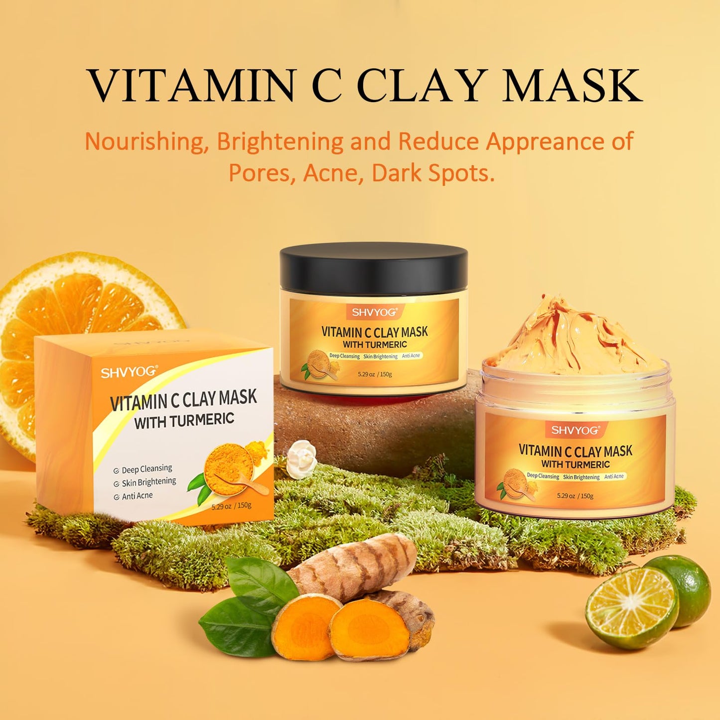 Vitamin C Face Mask with Kaolin Clay and Turmeric for Dark Spots, Dull Skin, Skincare Facial Mask for Controlling Oil and Refining Pores 5.29 Oz