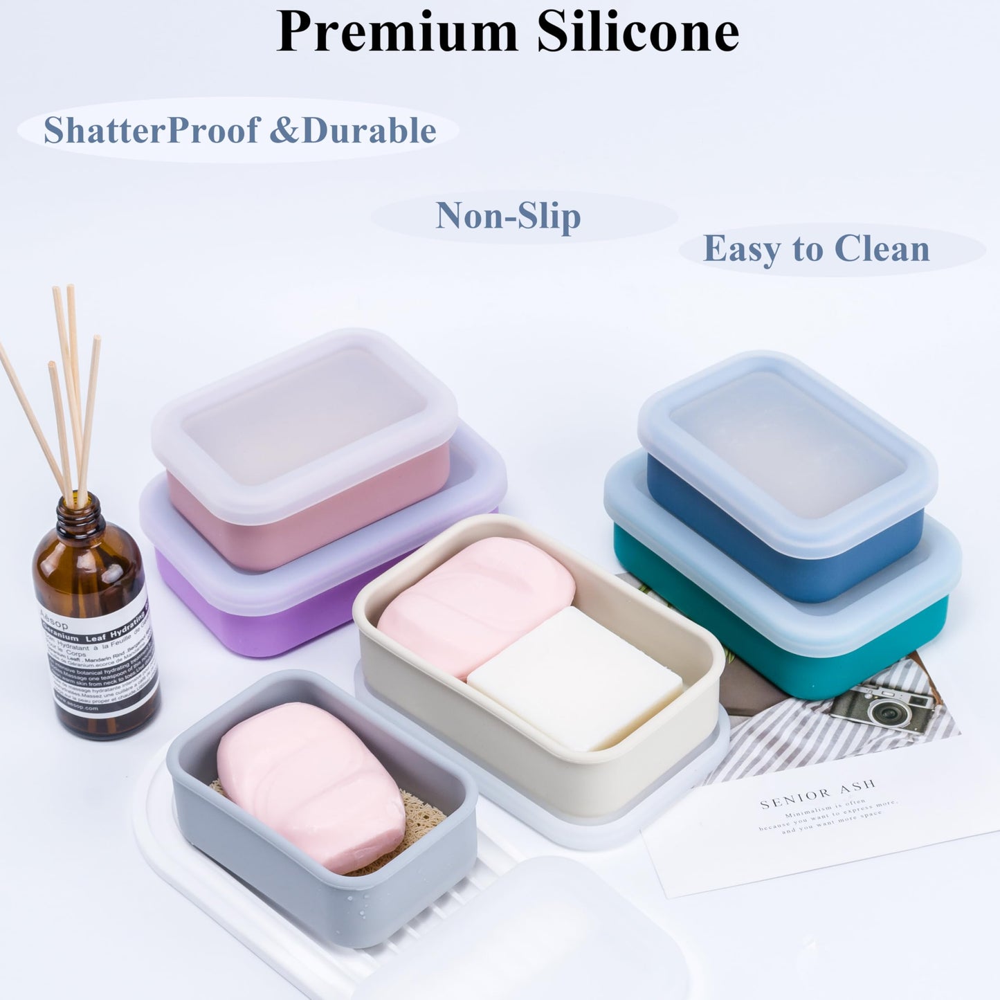 2PC Portable Leakproof Travel Soap Case, Silicone Travel Soap Case, Compact Soap Holder with Drainage Layer, Travel Soap Holder for Camping, Gym, Outdoor Turquoise&Flamingo