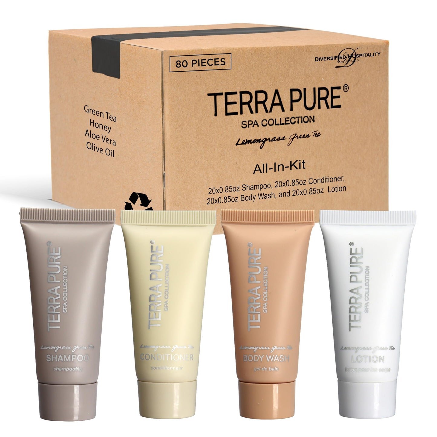 Terra Pure Spa Collection Bulk Set Toiletries | 1-Shoppe Amenities Kit for Hotels & Vacation Rentals | 0.85 oz Shampoo, Conditioner, Body Wash & Lotion | 80 Pieces