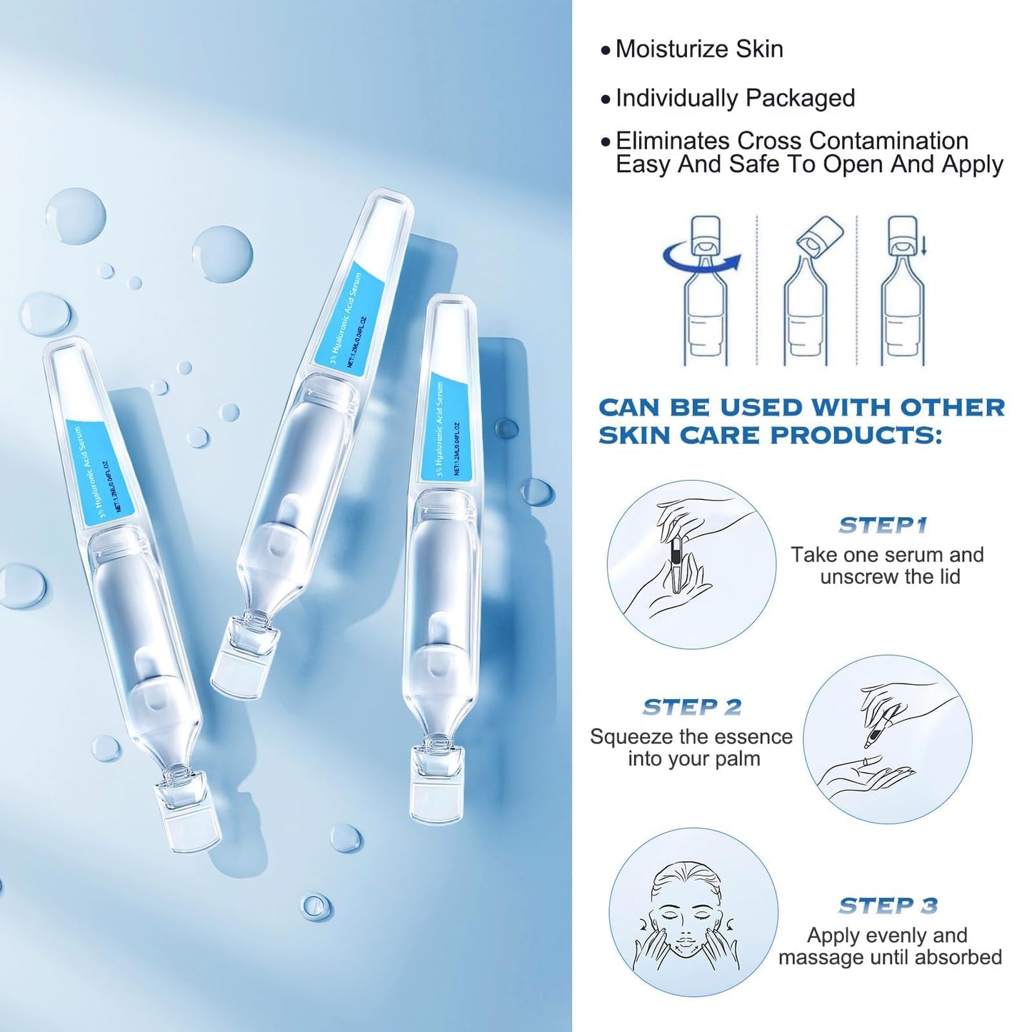 3% Hyaluronic Acid Serum Ultra-Hydrating Vials, Hyaluronic Acid Tubes, Hydrating Face Serum for Women Anti Aging (1.2ml * 60pcs)